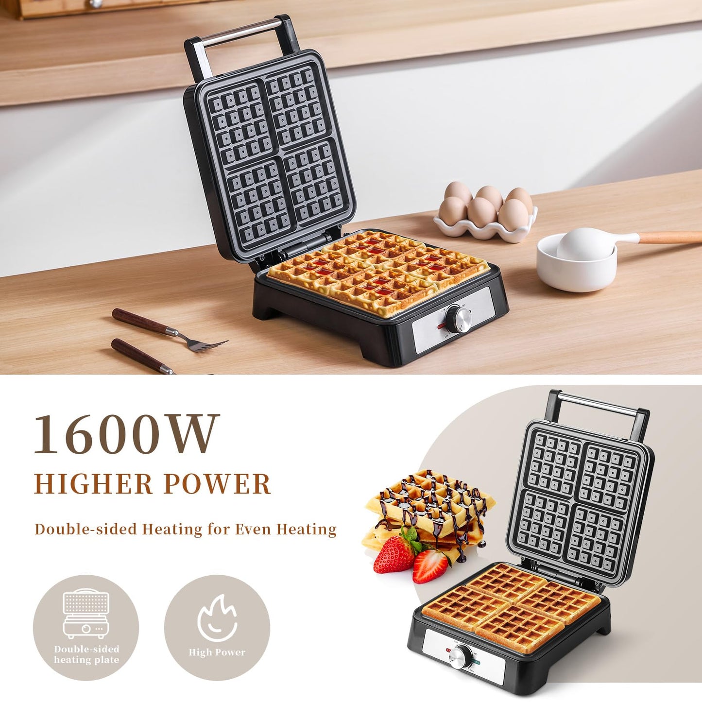 UVFAST Waffles Maker Waffle Iron, 4 Belgian Square Waffle Maker, Belgian Waffle Maker Thick with Non-stick Plate, Breakfast Waffle Machine Make Waffle in Minutes, 3 Browning Level, 1200W