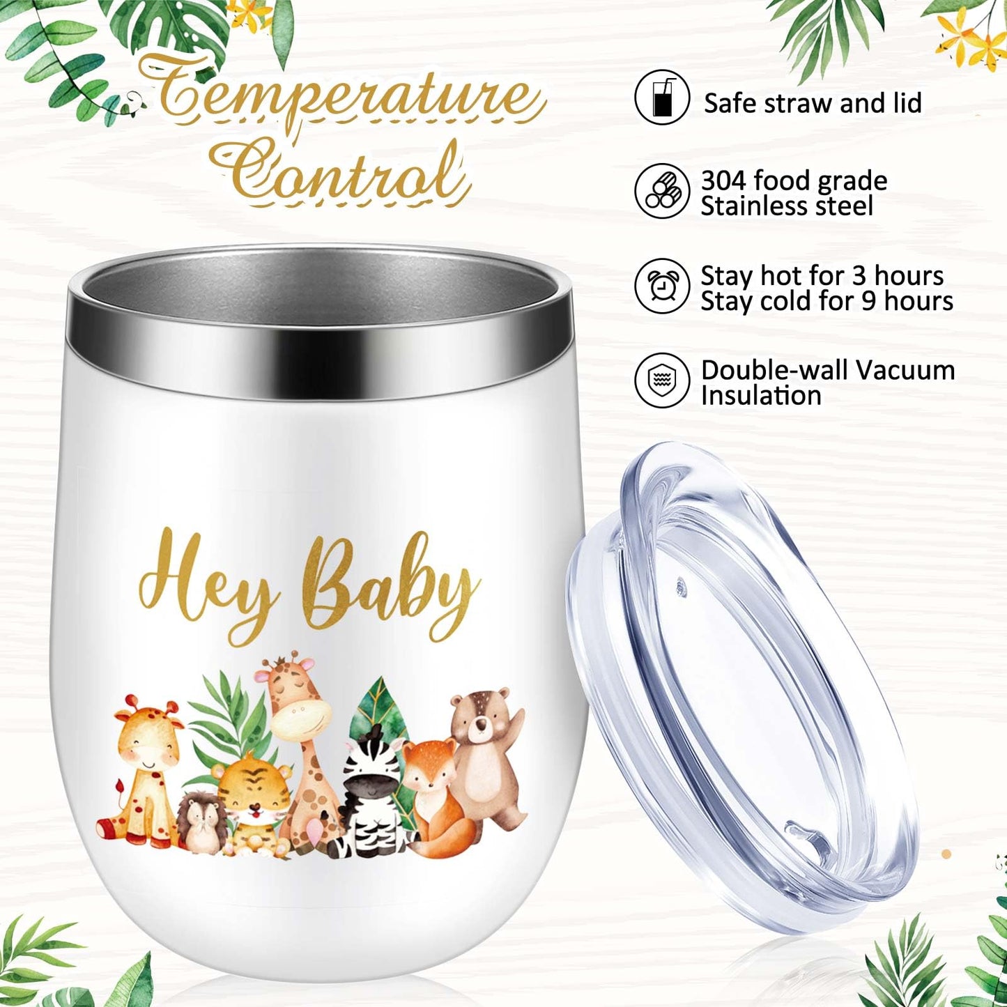 Hoolerry 6 Set Baby Shower Game Prizes for Guests Winners 12 oz Insulated Stainless Steel Tumbler Cup with Lids, Straws, Cleaning Brush, Cards & Boxes Return Gifts(Green,Safari Animals)