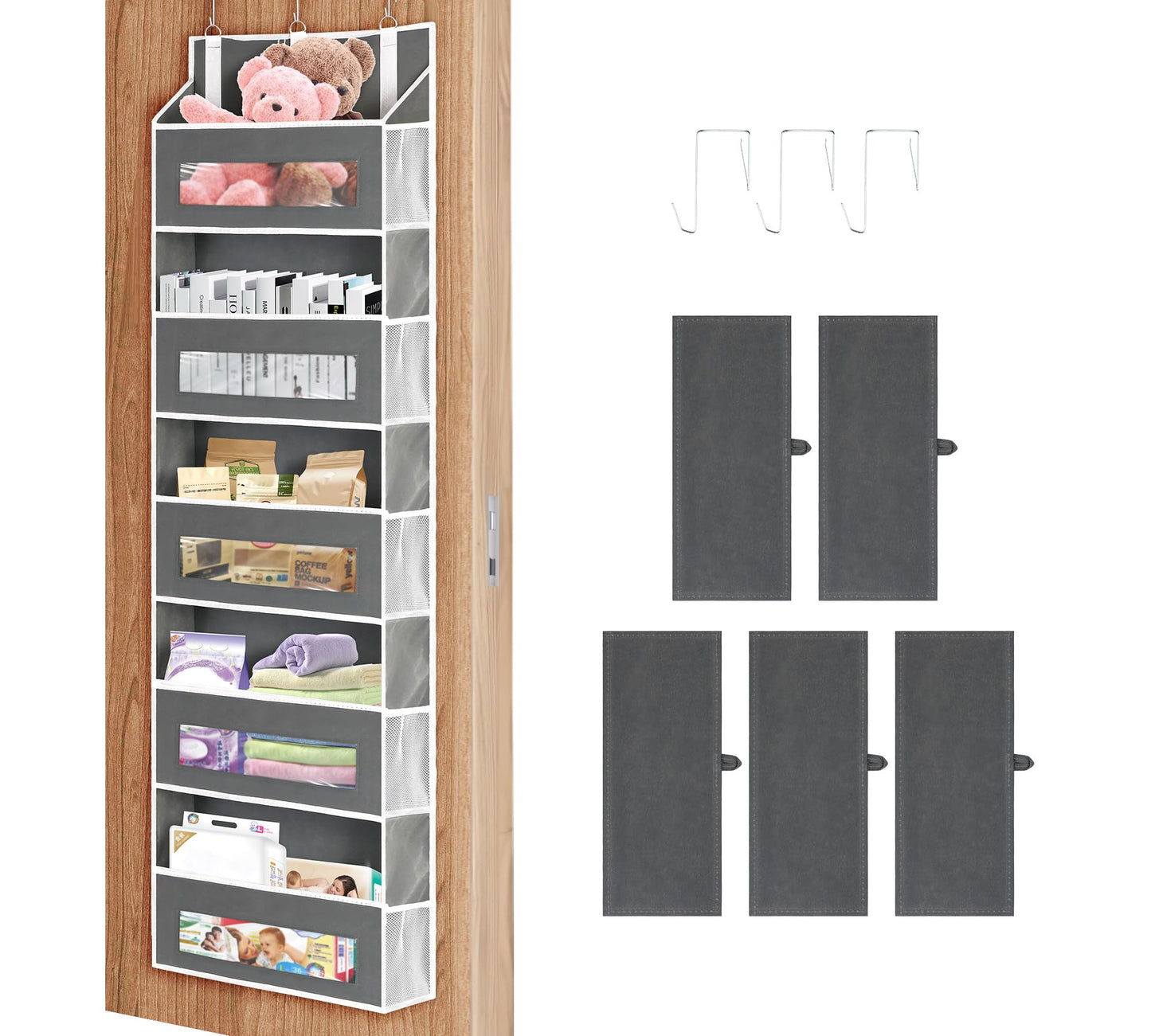 2 Packs 5-Tier Over The Door Organizer with 10 Side Mesh Pockets, 48 lbs Load Capacity, 3 Hooks Design, Hanging Organizer with Clear Windows for Bathroom, Bedroom, Nursery, Kitchen-Grey