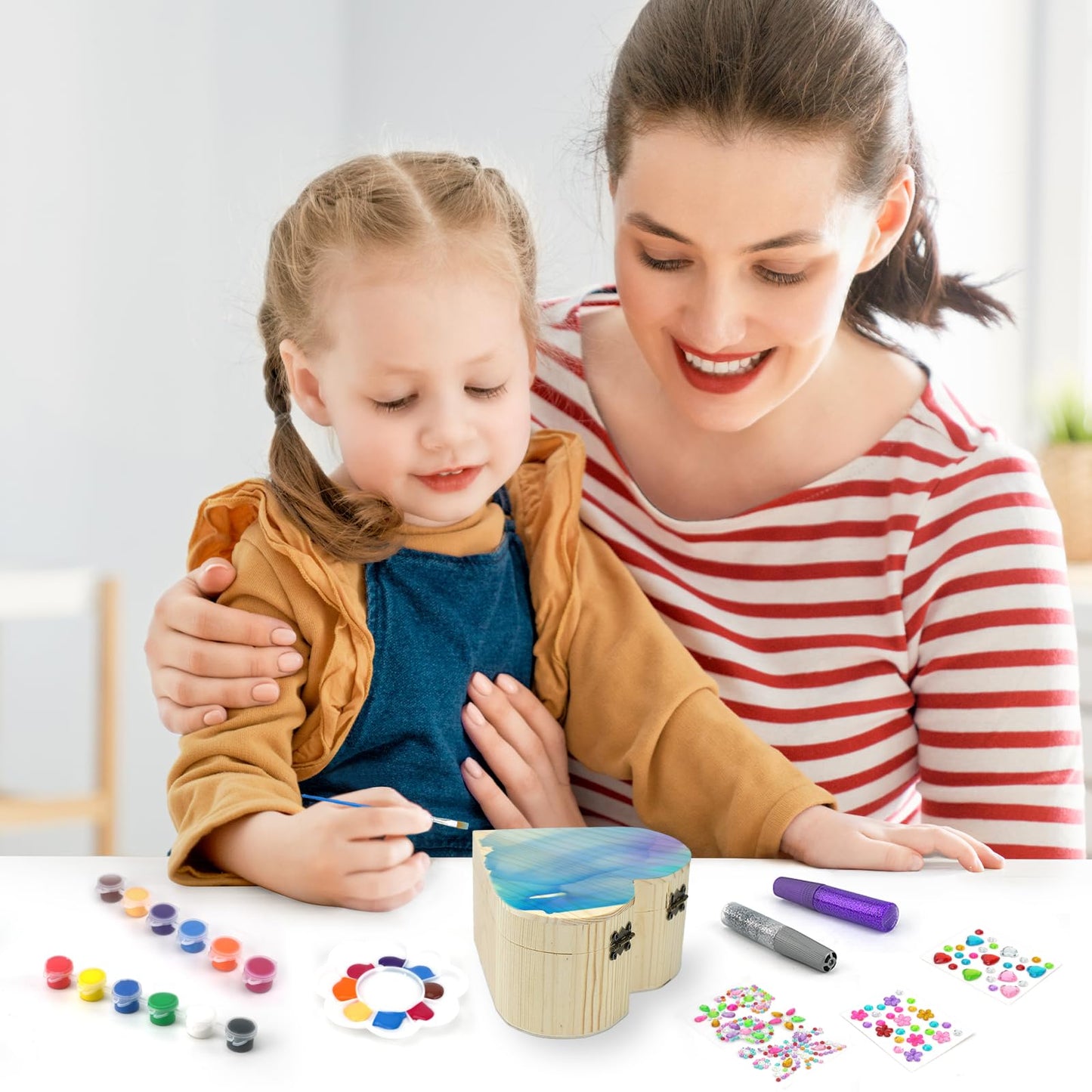 Ambesi Paint Your Own Wooden Jewelry Box, Art Heart Treasure Box Kit for Girls, Decorate Jewelry Box Kit for Kids Ages 4-6, 6-8, DIY Arts and Crafts Gift for Birthday Mother's Day
