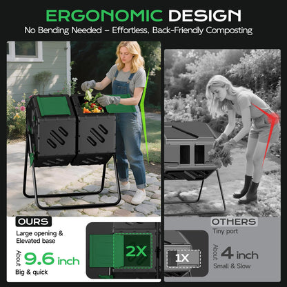 TOP XIAN Compost Tumbler 45 Gallon/170L, Easy-Assemble Dual Chamber Compost Bin Outdoor, 360°Rotating Large Composter for Outside, Backyard, Garden, Gifts for Seasoned Gardeners & Beginners-Green
