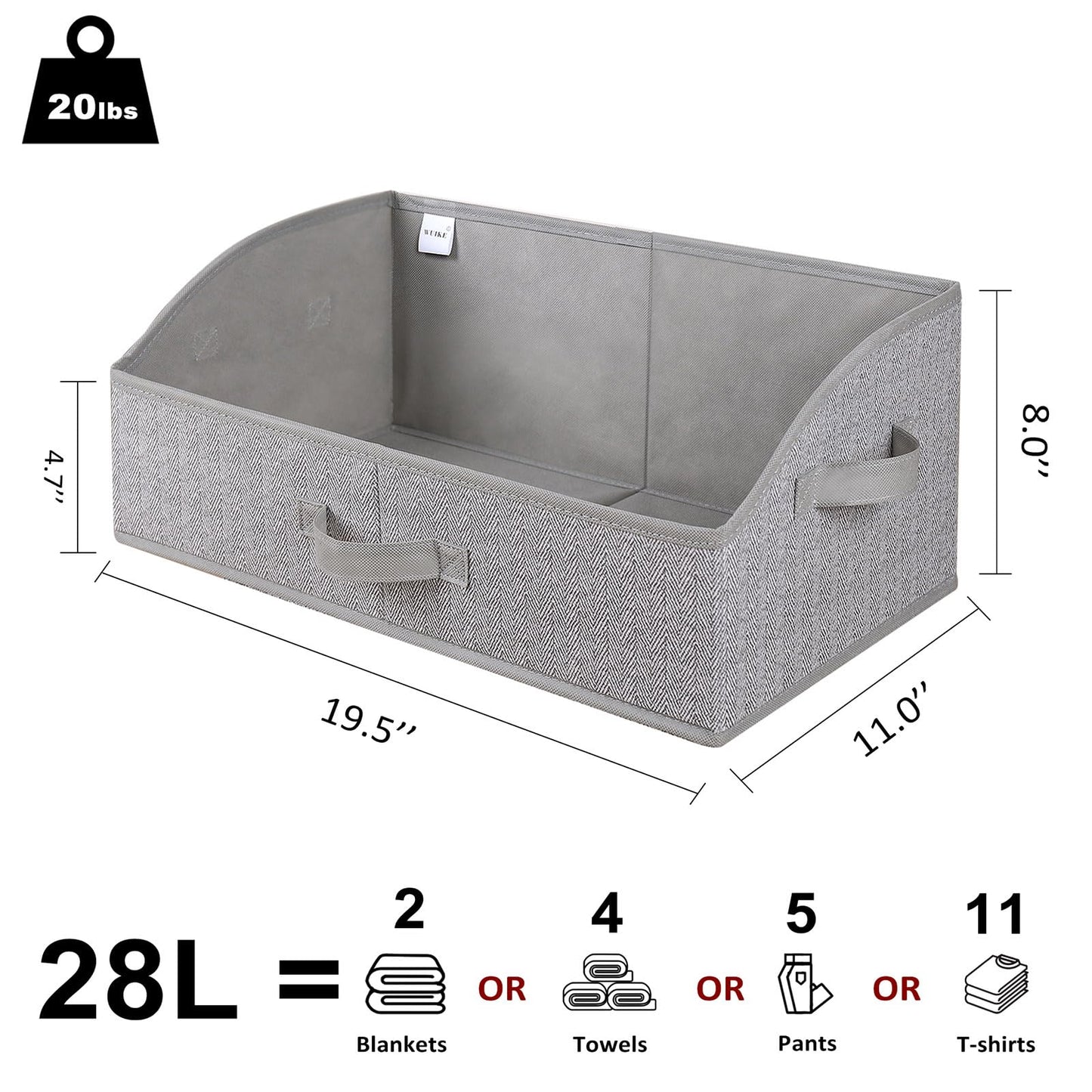 WUIKE Closet Organizers and Storage, Trapezoid Storage Bins, Fabric Closet Bins with Handles, Foldable Storage Baskets for Clothes, Purse, Blanket, Herringbone Gray, Extra Large, 3-Pack