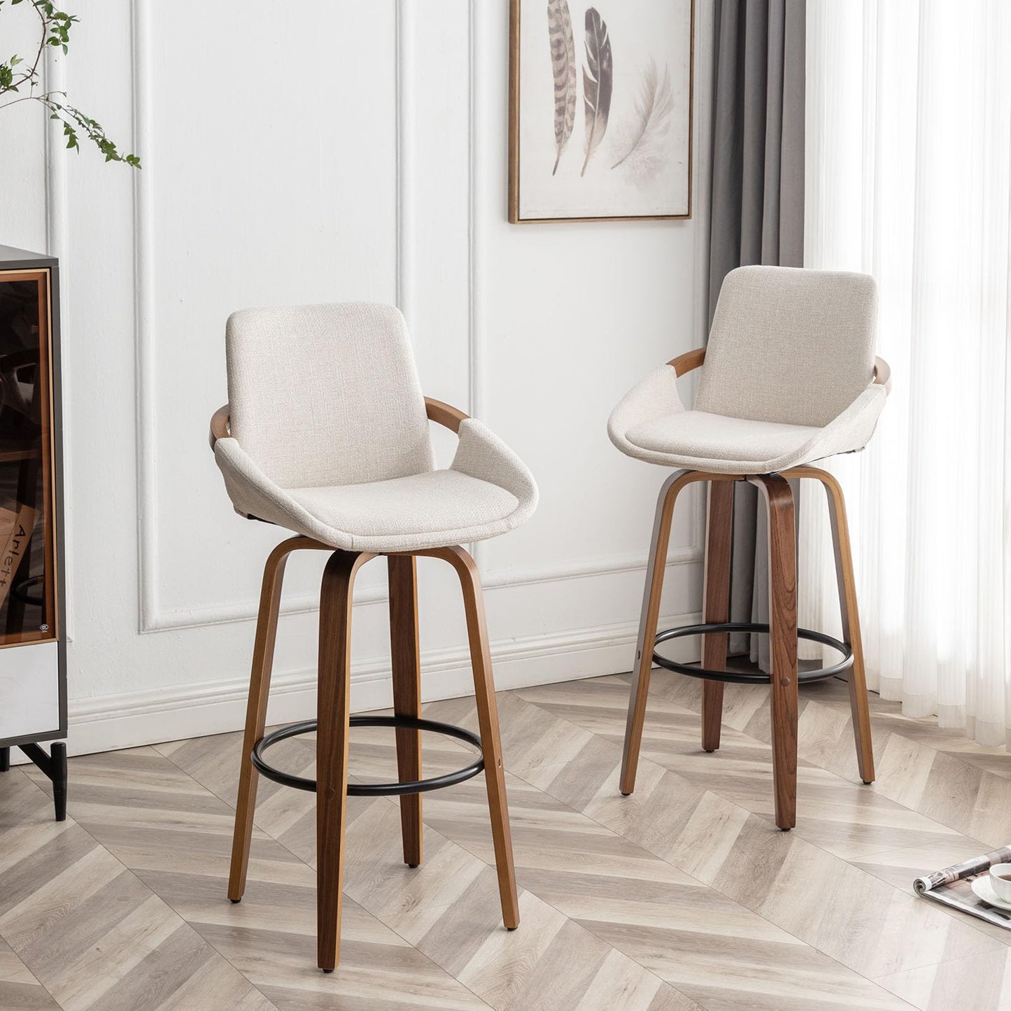 LUNLING 25.6" Counter Height Barstools Set of 3 Mid Century Modern Retro Bar Chairs Charcoal Beige Linen Look Fabric Upholstered and Walnut Wood Frame for Home Bar Furniture,Beige,3PCS