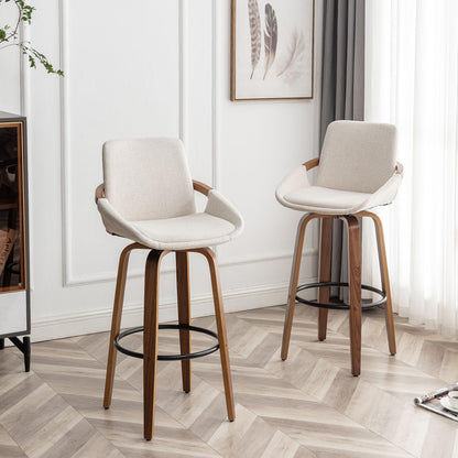 LUNLING 25.6" Counter Height Barstools Set of 3 Mid Century Modern Retro Bar Chairs Charcoal Beige Linen Look Fabric Upholstered and Walnut Wood Frame for Home Bar Furniture,Beige,3PCS