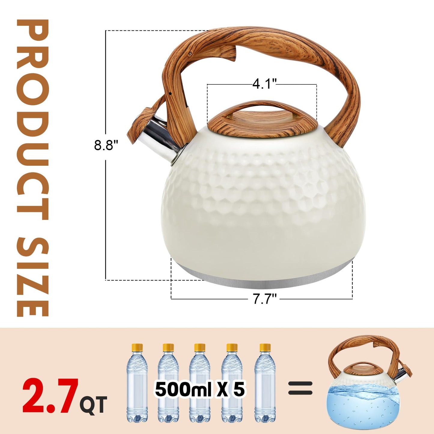 GGC Tea Kettle for Stove Top, Loud Whistling Kettle for Boiling Water Coffee or Milk, 3.1 Quart 3L Heavy Stainless Steel White Kettles with Wood Pattern Handle, Unique Button Control Kettle Outle