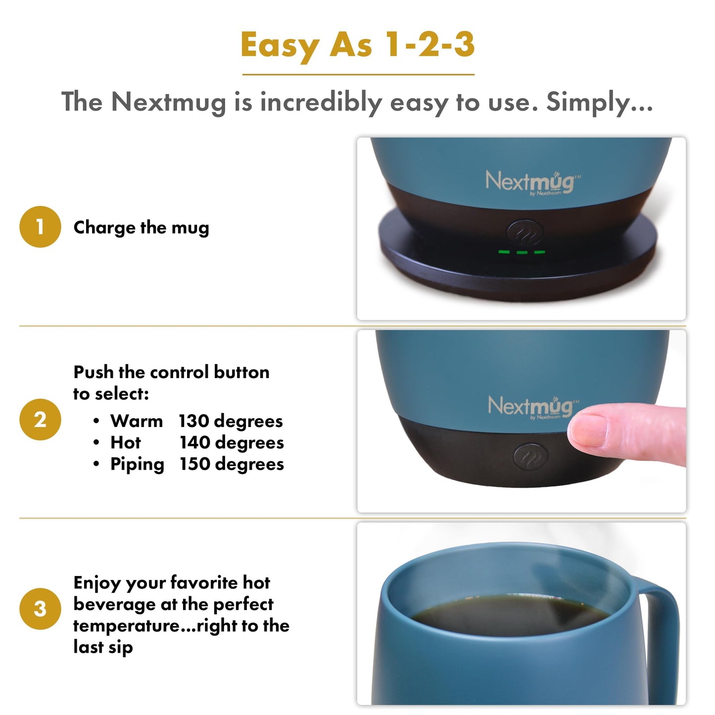 Nextmug Plus (Slate Blue - 18 oz.) Temperature-Controlled, Self-Heating Mug – No App, Long-Lasting Battery for Work & Study, Great Gift for Coffee Lovers