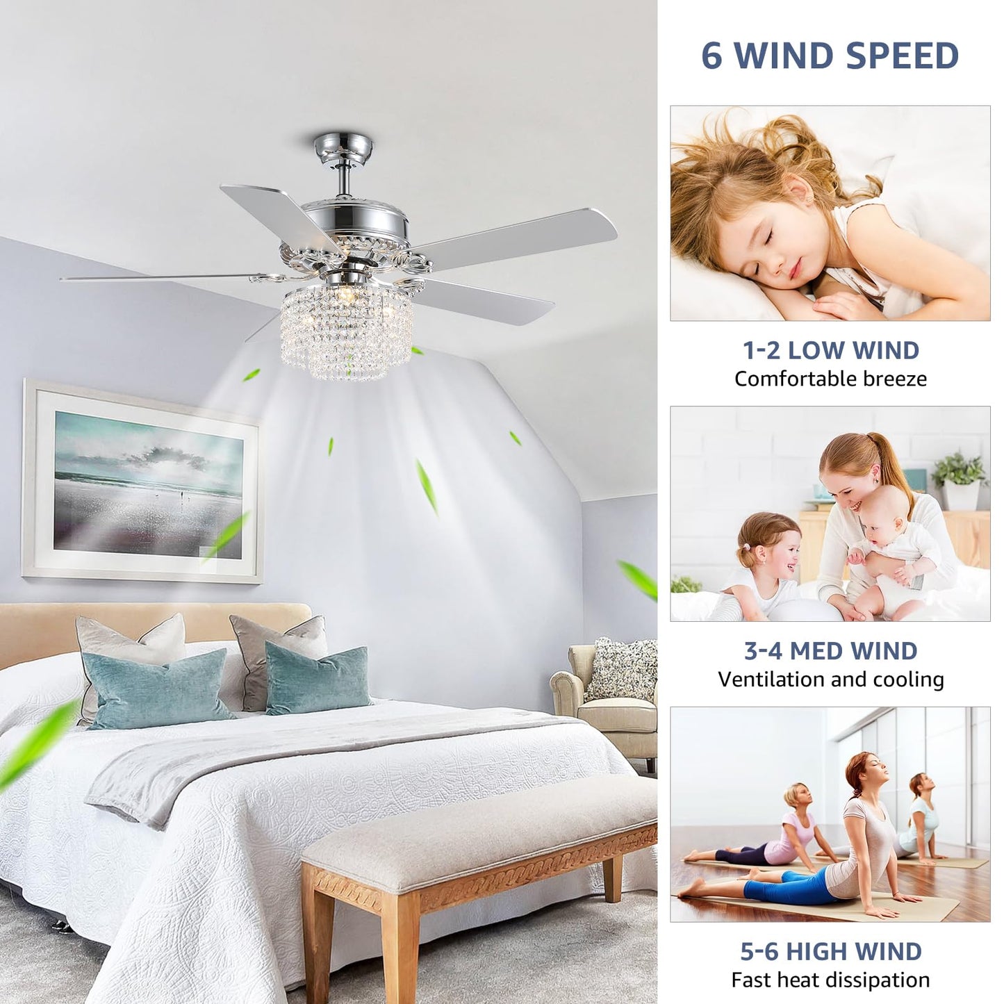CROSSIO 52 Inch Crystal Ceiling Fan with Light and Remote Control, Modern Chandelier Fan with 5 Reversible Wood Blades Chrome Fandelier for Living Room Bedroom (Fine line Crystal-Ceiling Fan)