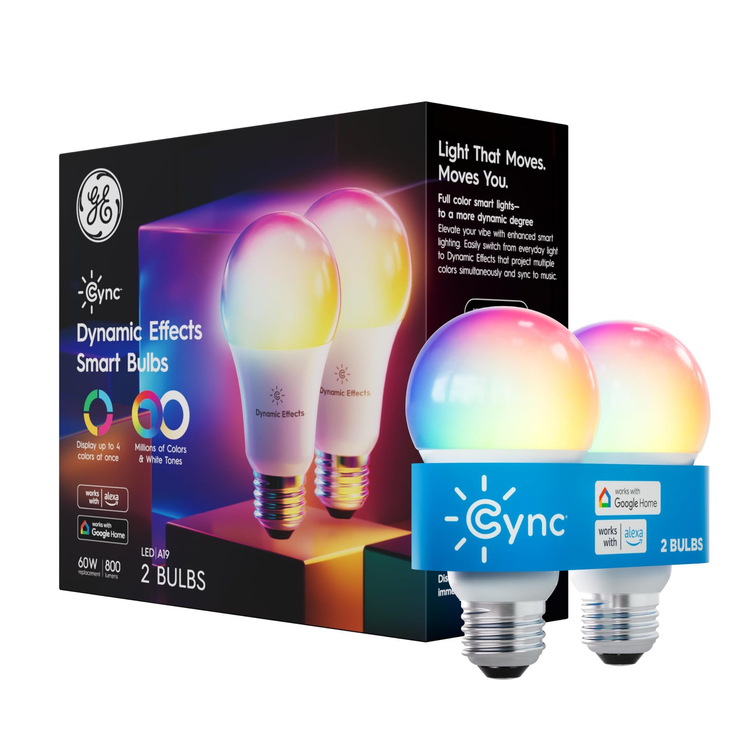 GE Cync Dynamic Effects A19 LED Smart Light Bulbs, Bluetooth and WiFi Color Changing Lights with Music Sync, Compatible with Alexa and Google Home (2 Pack)