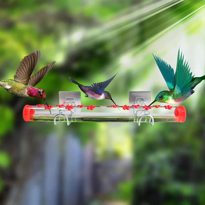 Window Hummingbird Feeder, Clear Acrylic Tube Feeder with 14 Flower Feeding Ports and Strong Suction Cup