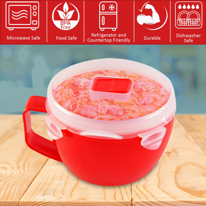 Home-X Set of 2 Microwave Bowls with Lid - Ramen Bowl Microwavable with Steam Release Vents and Easy Locking Clips - BPA-Free, Dishwasher Safe 32oz Soup Mugs with Handle Microwave Safe