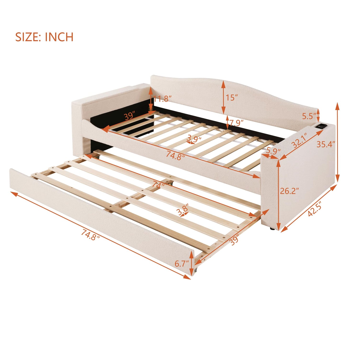 Twin Upholstered Daybed with Storage Armrests, Trundle and Latest Integrated Bluetooth Audio System