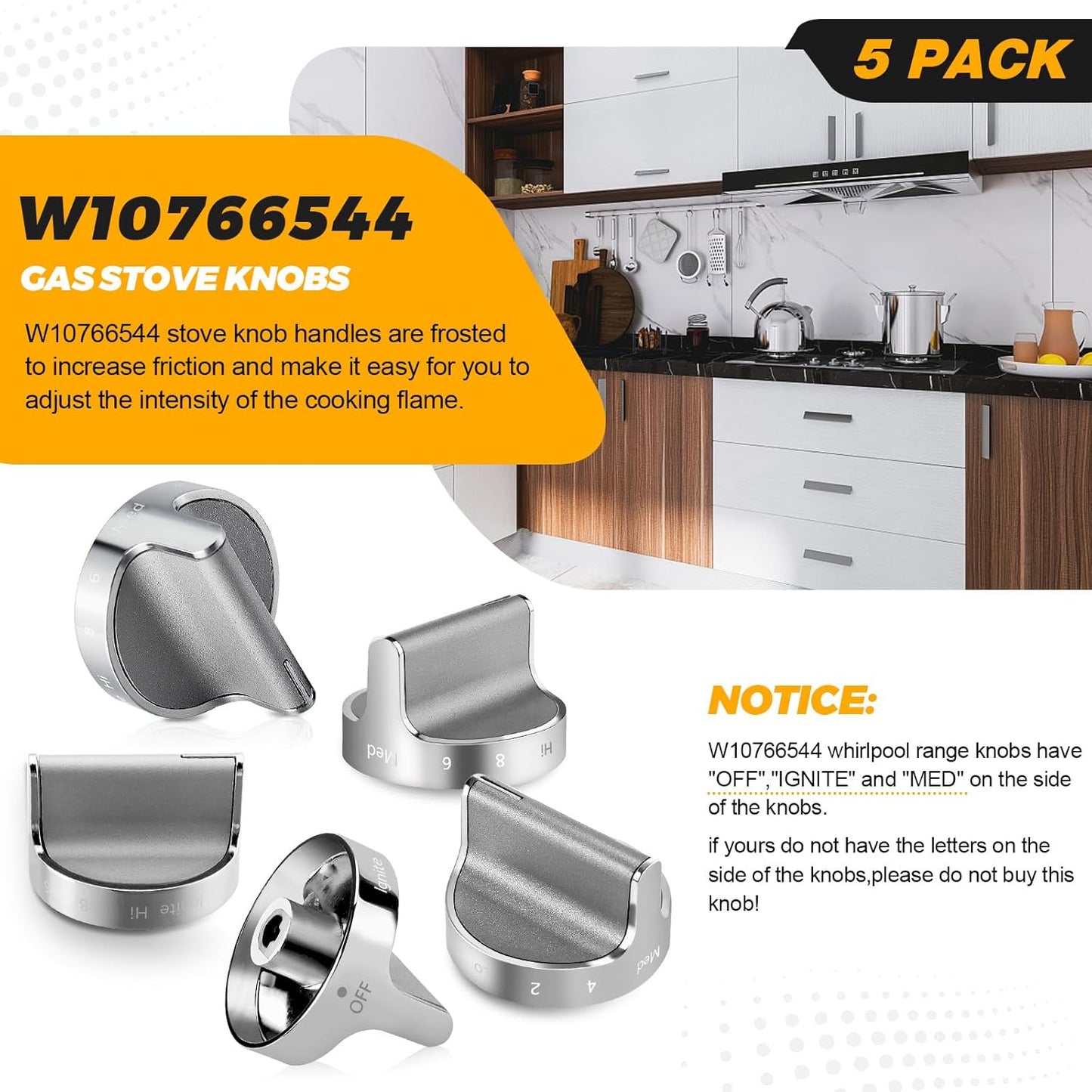 Techecook Upgraded Gas Stove Knobs Replacement for Whirlpool Gas Range, 5PACKS W10766544 W10430807