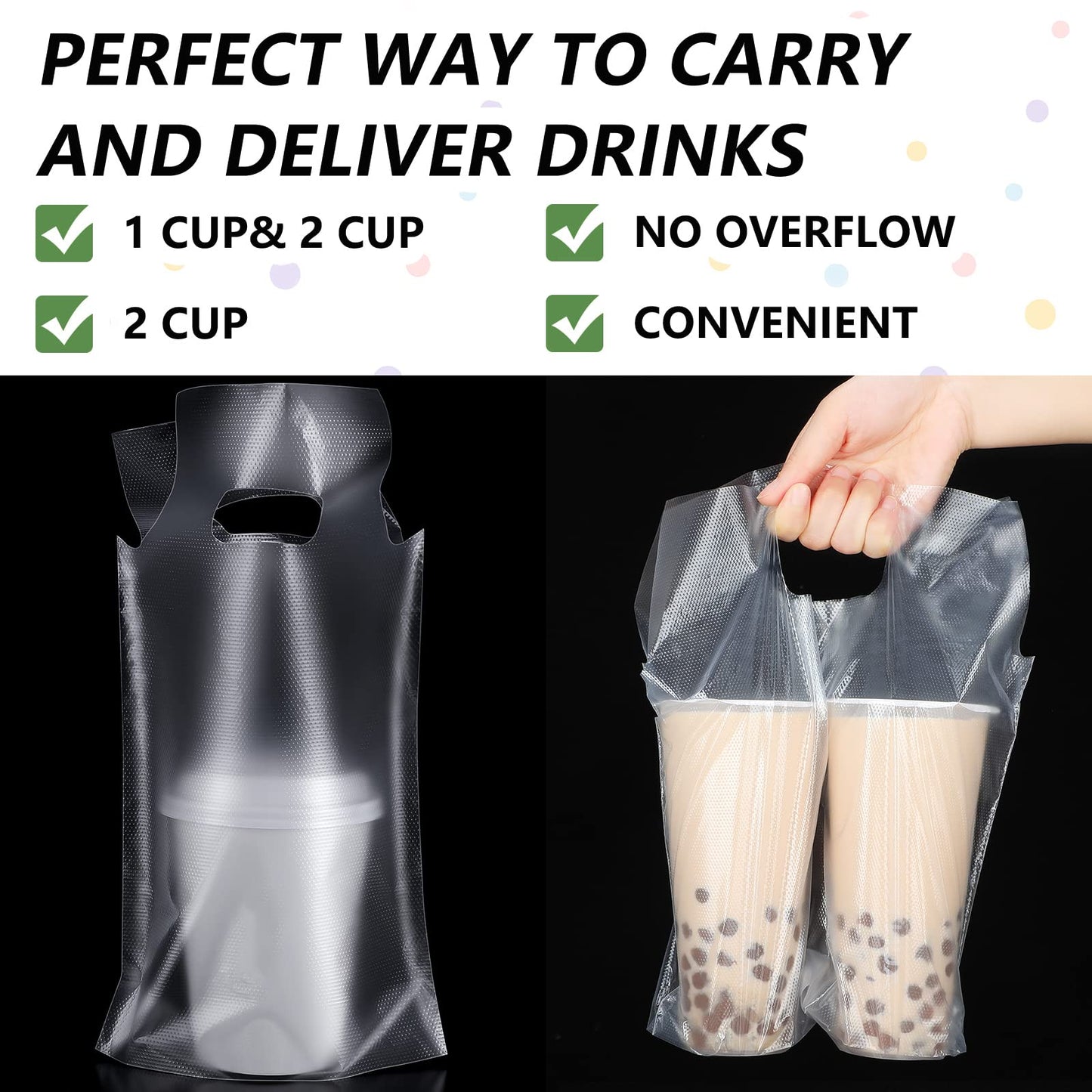 Tinlade 200 Pcs Clear Handle Drinking Poly Bags Bulk 2 Cup and 1 Cup Plastic Portable Cup Carrier Holder Bag Packaging Delivery Hanging Hole, 6.3 x 10.2, 12.2 x 10.2 Inch