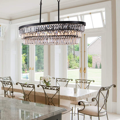 TOCHIC Chandelier 40 inch, Farmhouse Black Crystal Chandelier, Kitchen Island Lighting, Dining Room Light Fixture for High Ceiling, Modern Linear Oval Chandeliers for Living Room, Office Area, Bar