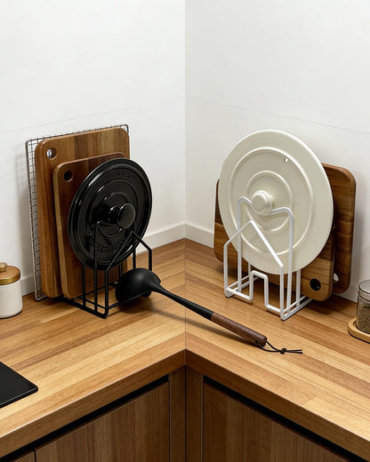 SUNFICON 2 Pack Cutting Board Racks Holders Pot Pan Lids Holders Chopping Board Organizers Thin Bakeware Trays Dry Display Stands Kitchen Countertop Cabinet Office Black