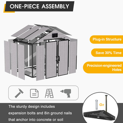 MELLCOM 8 x 6 FT Outdoor Storage Tool Shed with Lockable Door and Windows, Outdoor Resin Storage Shed with Floor, Plastic Garden Shed for Lawnmower, Pool Supply, Bike