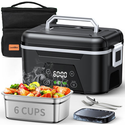 QUESSA 𝟐𝟎𝟐𝟔 𝐔𝐩𝐠𝐫𝐚𝐝𝐞𝐝 Cordless Heated Lunch Box, 6 Cups Rechargeable Electric Lunch Box with Ice Crystal Box & Insulated Bag, 24 Hours Scheduled Self Heating Food Warmer for Men Women