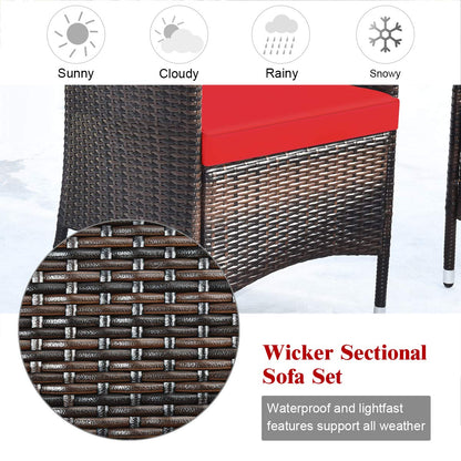 COSTWAY 8PCS Rattan Patio Furniture Set, Outdoor Wicker Rattan Chairs with Coffee Table, Rattan Cushioned Conversation Set for Backyard Balcony Porch Poolside, Red