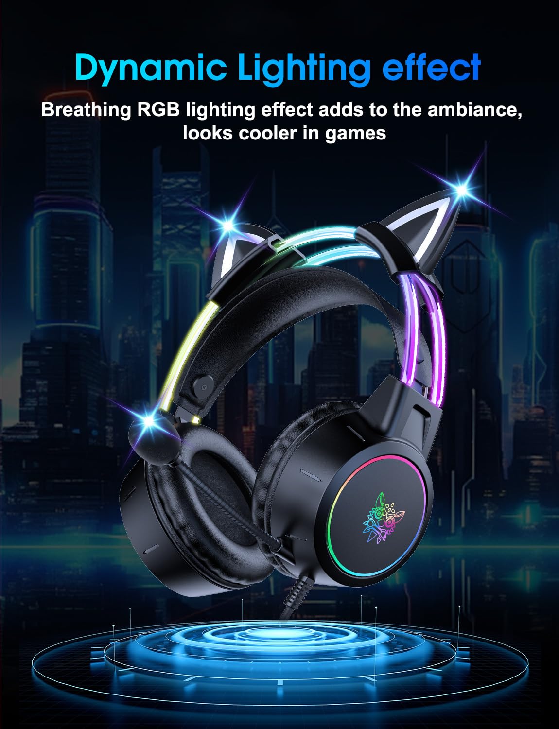 ONITOON Lightweight Gaming Headset with Detachable Cat Ears, RGB Lighting, Wired Over Ear Headphones with Mic for PC, PS4, PS5, Switch, Stereo Surround Sound, Self-Adjusting Headband