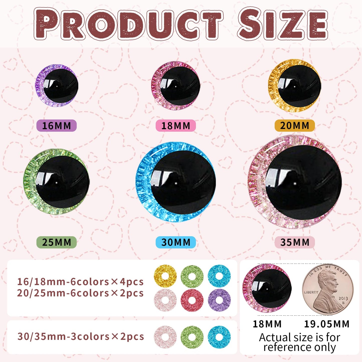 MUCUNNIA 168pcs 3D Glitter Safety Eyes 16-35mm Moon Safety Eyes for Crocheting with Washers Large Safety Eyes for Amigurumi Crochet Eyes for Stuffed Animals Doll Making Gift for Crochet Lovers