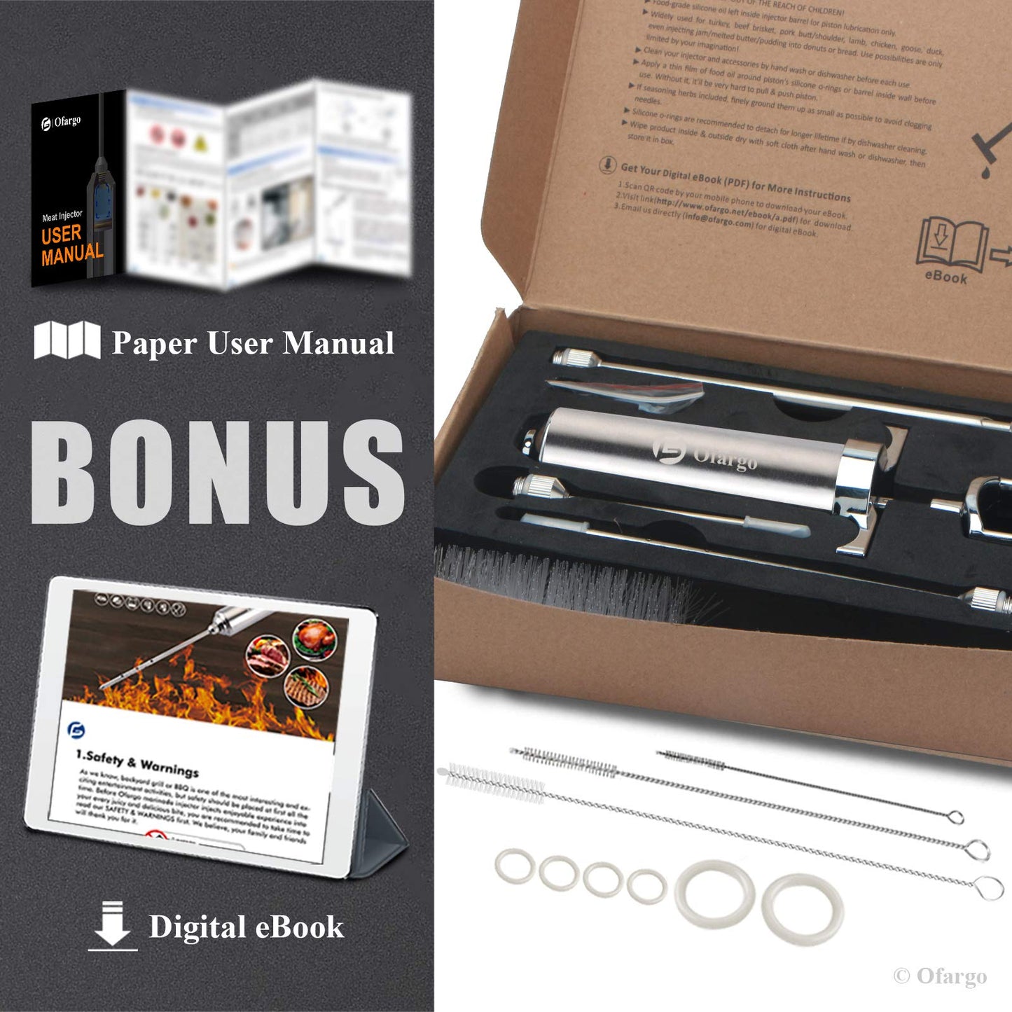 Ofargo Stainless Steel Meat Injector Syringe Kit with 4 Marinade Needles for BBQ Grill Smoker, Mother Day Gifts for Mom Men Dad Husband Him, 2-oz Large Capacity, Both Paper User Manual and E-Book Recipe