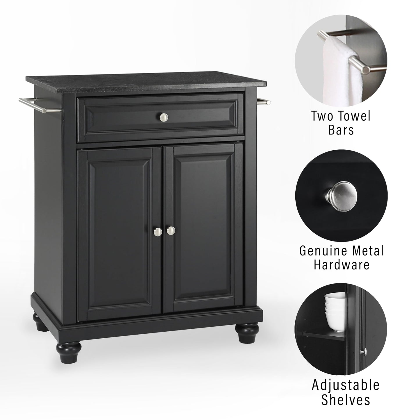 Crosley Furniture Cambridge Granite Top Small Portable Rolling Kitchen Island Storage Cart, Microwave Stand, Black