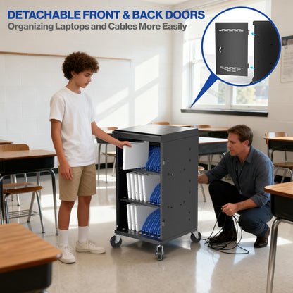 30 Unit Device Charging Station for Chromebook, iPad, 14'' Laptop - Charging Cart with Charger Cable Management, Circuit Breaker, Grounding Protection, Assembly Required