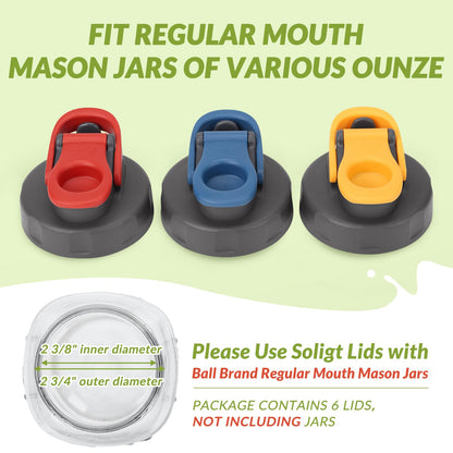 Soligt 6 Pack Mason Jar Lids, Regular Mouth Pour Spout Flip Cap Lids for Ball Brand Mason Jars, Leak Proof Airtight for Drinking Salad Dressing & Food Storing (jars are not included)