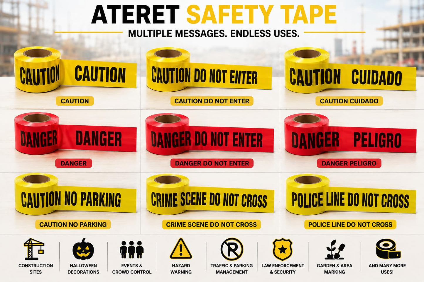ATERET Crime Scene Do Not Cross Tape 2 Pack 3 inch x 1000 feet, Hazard Safety Tape, Construction Tape for Danger/Hazardous Area, Ideal Use for Halloween Decorations, Party, Work-Site