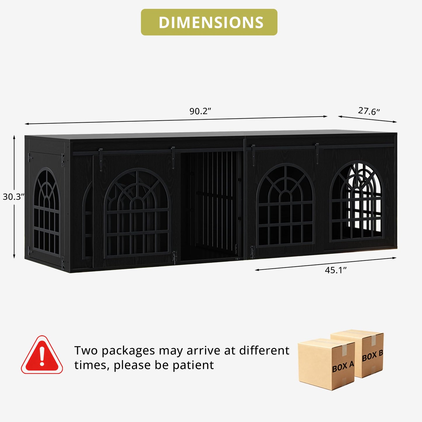 IRONCK 90.2" Double Room Dog Crate Furniture with Sliding Doors– Heavy Duty Wooden Dog Kennel with Hinged Divider, TV Stand & End Table for Large to Medium Dogs, Black