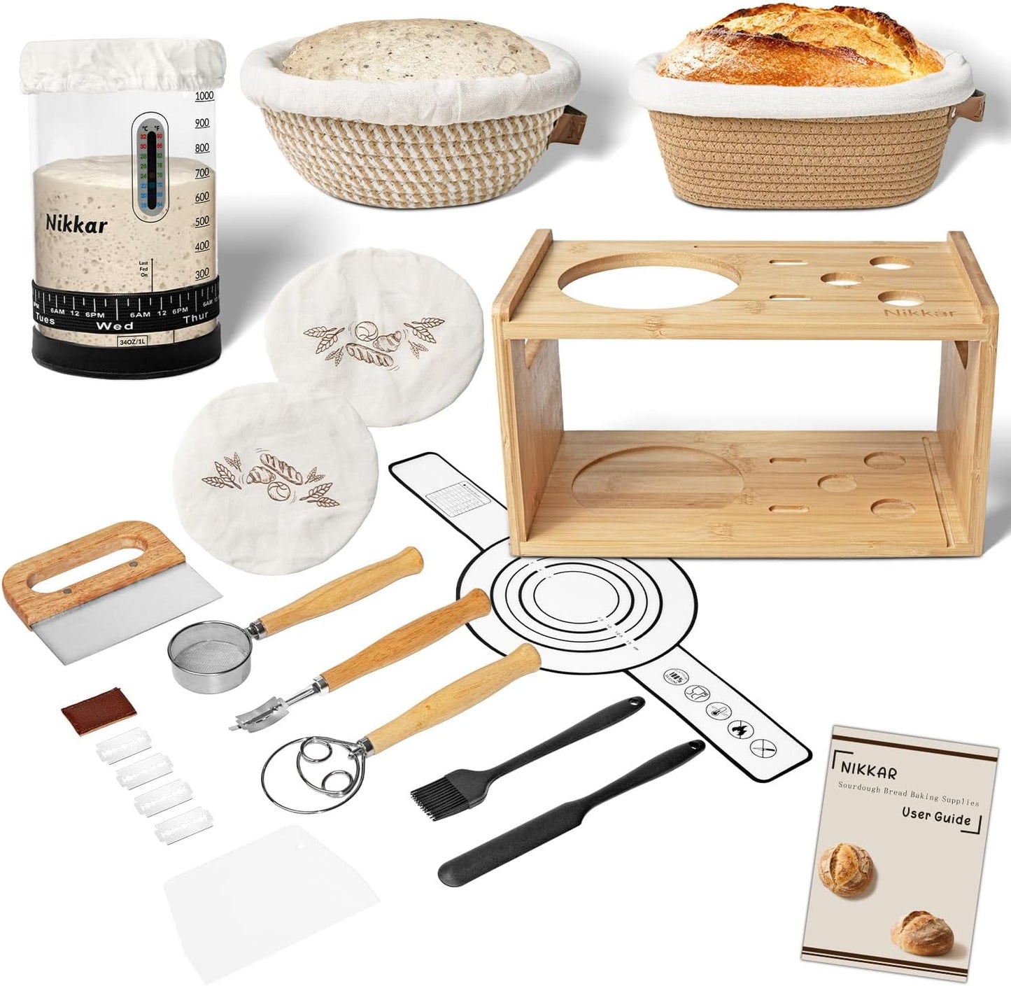 12 Set Nikkar Complete Sourdough Starter Kit with Bamboo Storage Rack Bread Baskets, Sourdough Bread Baking Supplies