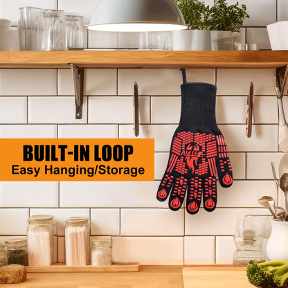 FITFIV BBQ Gloves, Oven Gloves, 1472°F Extreme Heat Resistant Barbecue Gloves, Silicone Non-Slip Oven Mitts, Kitchen for Cooking, Grilling, and Baking (Red)