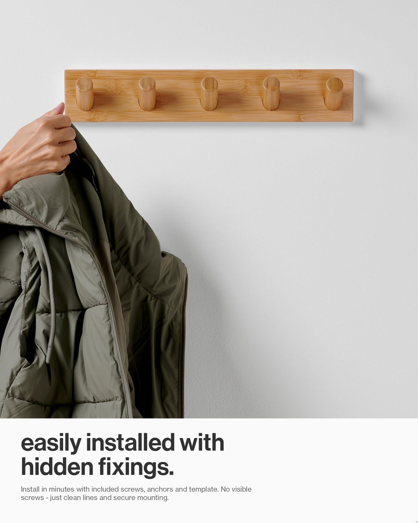 LARHN Wall Mounted Coat Rack with 5 Heavy-Duty 1" Diameter Hooks (2-Pack), 16.5" - Wooden Wall Hook Rack - Modern Scandinavian Home Decor