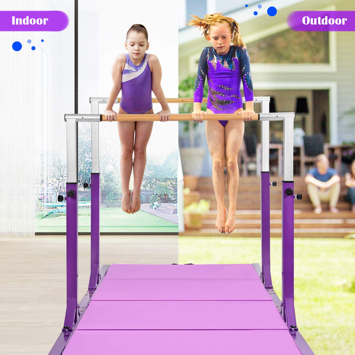 GOFLAME Double Horizontal Bars, Gymnastics Parallel Bars with Adjustable Height and Width, Junior Training Gym Bar for Kids, Ideal for Indoor Outdoor Use (Purple)