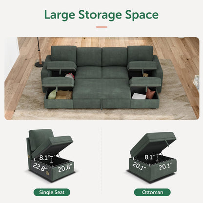 HONBAY Modular Sectional Sleeper Sofa Bed, Corduroy Pull Out Couch with Storage Ottoman, U Shaped Sectional Couches for Living Room, Green