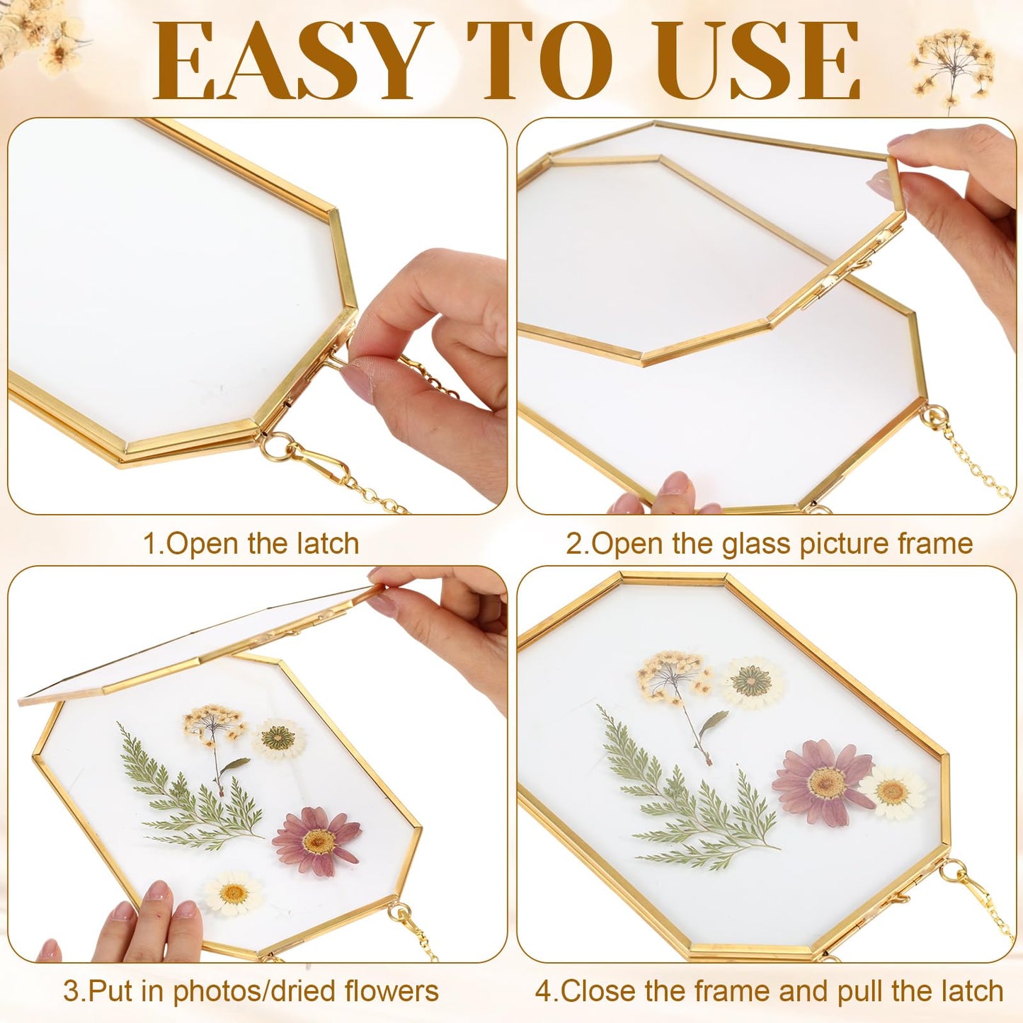 Vicenpal 5 Pcs 5 x 7 Inches Glass Pressed Flower Frame, Hanging Floating Picture Frame for Tabletop Artwork Dried Flower Display with Metal Chain for Mom Friends Wedding Gift DIY Craft(Coppery)