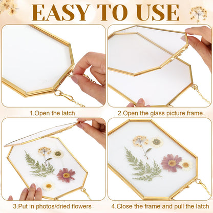 Vicenpal 5 Pcs 5 x 7 Inches Glass Pressed Flower Frame, Hanging Floating Picture Frame for Tabletop Artwork Dried Flower Display with Metal Chain for Mom Friends Wedding Gift DIY Craft(Coppery)