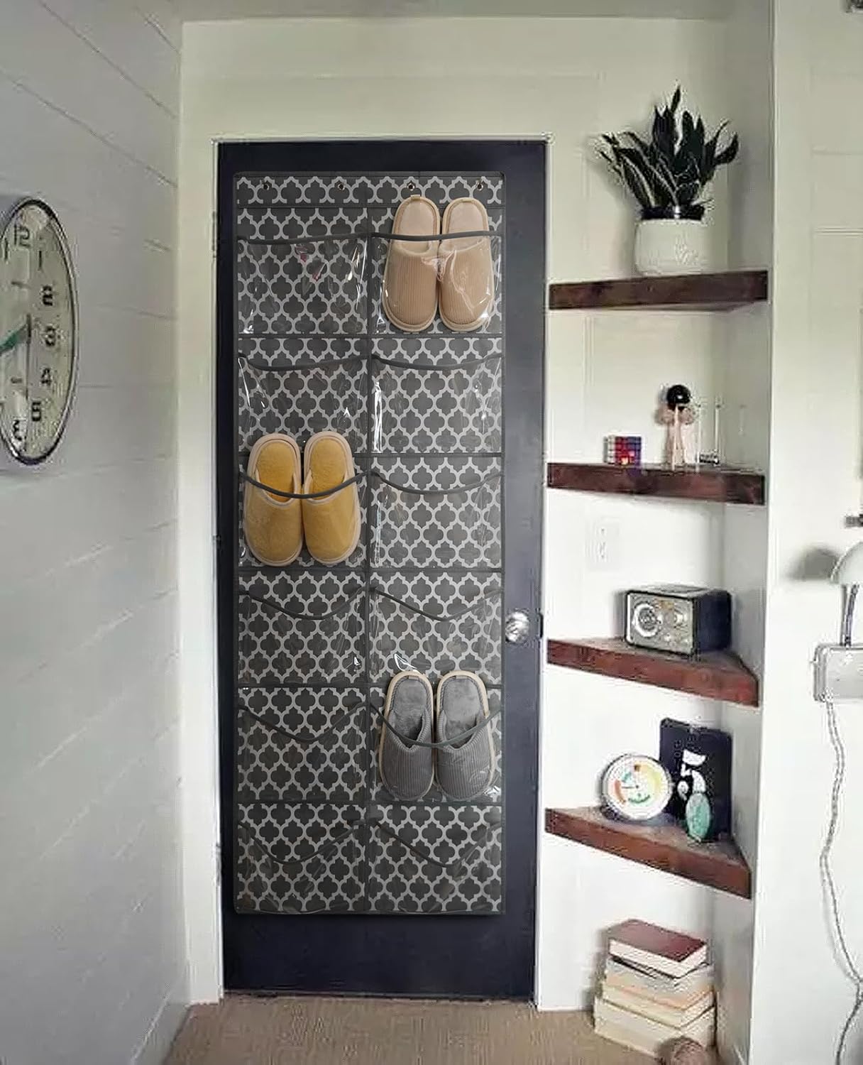 Clear Crystal 2 Pack 12 Pockets Large Hanging Shoe Organizer Over The Door Rack for Closet Door Storage, 8 Hooks, White