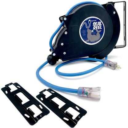 SEAL REEL 40ft. 16/3 SJEOOW Cable Outdoor/Watertight Retractable Cord Reel, Watertight, Heavy-Duty with 15A Breaker, Retractable to 10° F, Includes 2 Mounting Brackets,180° Swivel Mount.