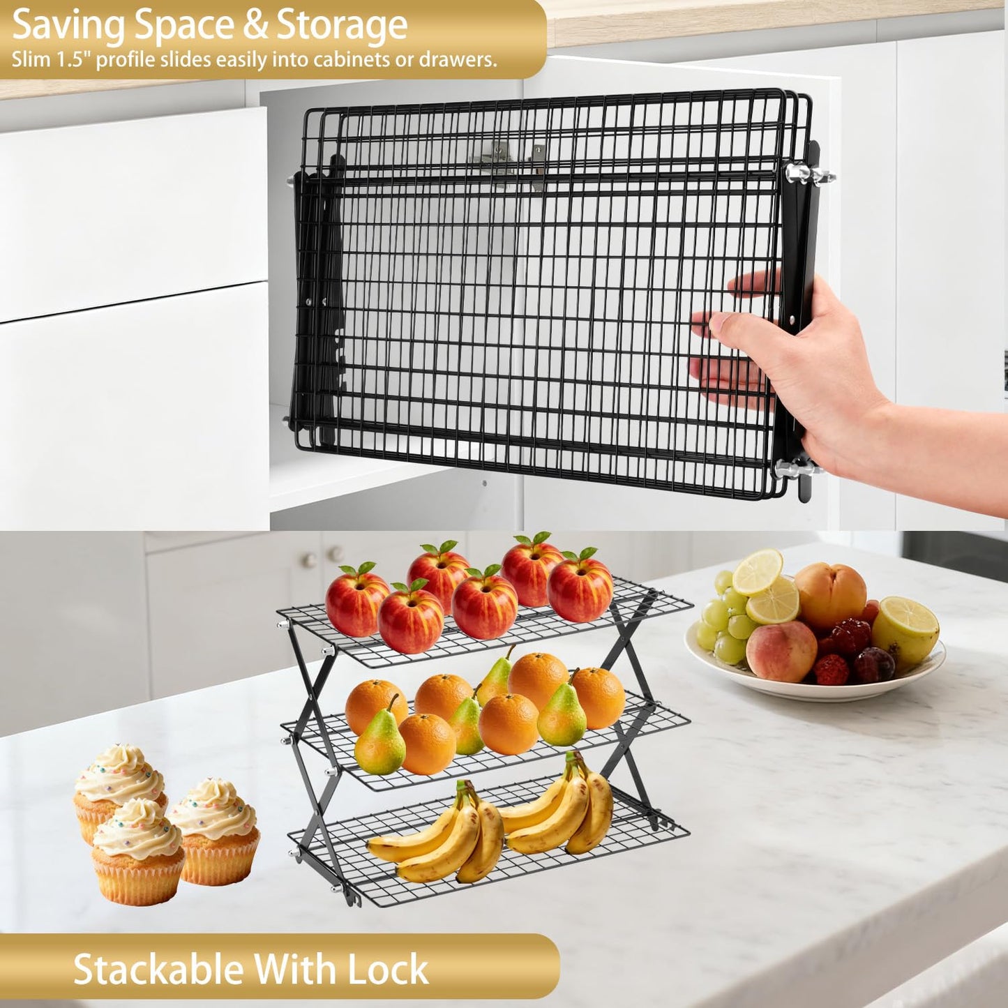3-Tier Stackable Cooling Rack for Baking, Collapsible Wire Cookie Rack with Adjustable Heights, Non-Stick Roasting & Drying Rack for Cupcakes, Pies and Pastries, Space-Saving Kitchen Essential
