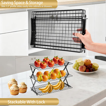 3-Tier Stackable Cooling Rack for Baking, Collapsible Wire Cookie Rack with Adjustable Heights, Non-Stick Roasting & Drying Rack for Cupcakes, Pies and Pastries, Space-Saving Kitchen Essential