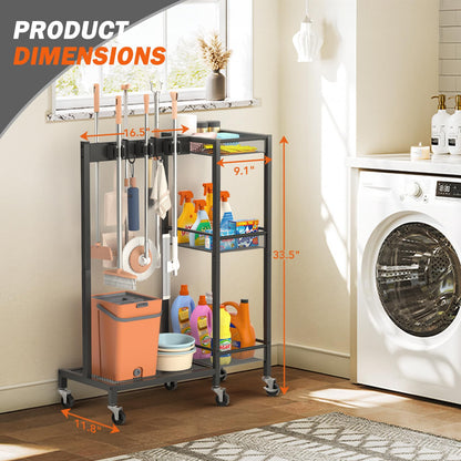 Broom Holder with Cleaning Supplies Organizer, Broom Closet Storage Cabinet with Cleaning Caddy, Cleaning Cart with Mop Hanger Gripper Rack Hooks,Janitorial Cart,Utility Carts Household Essentials