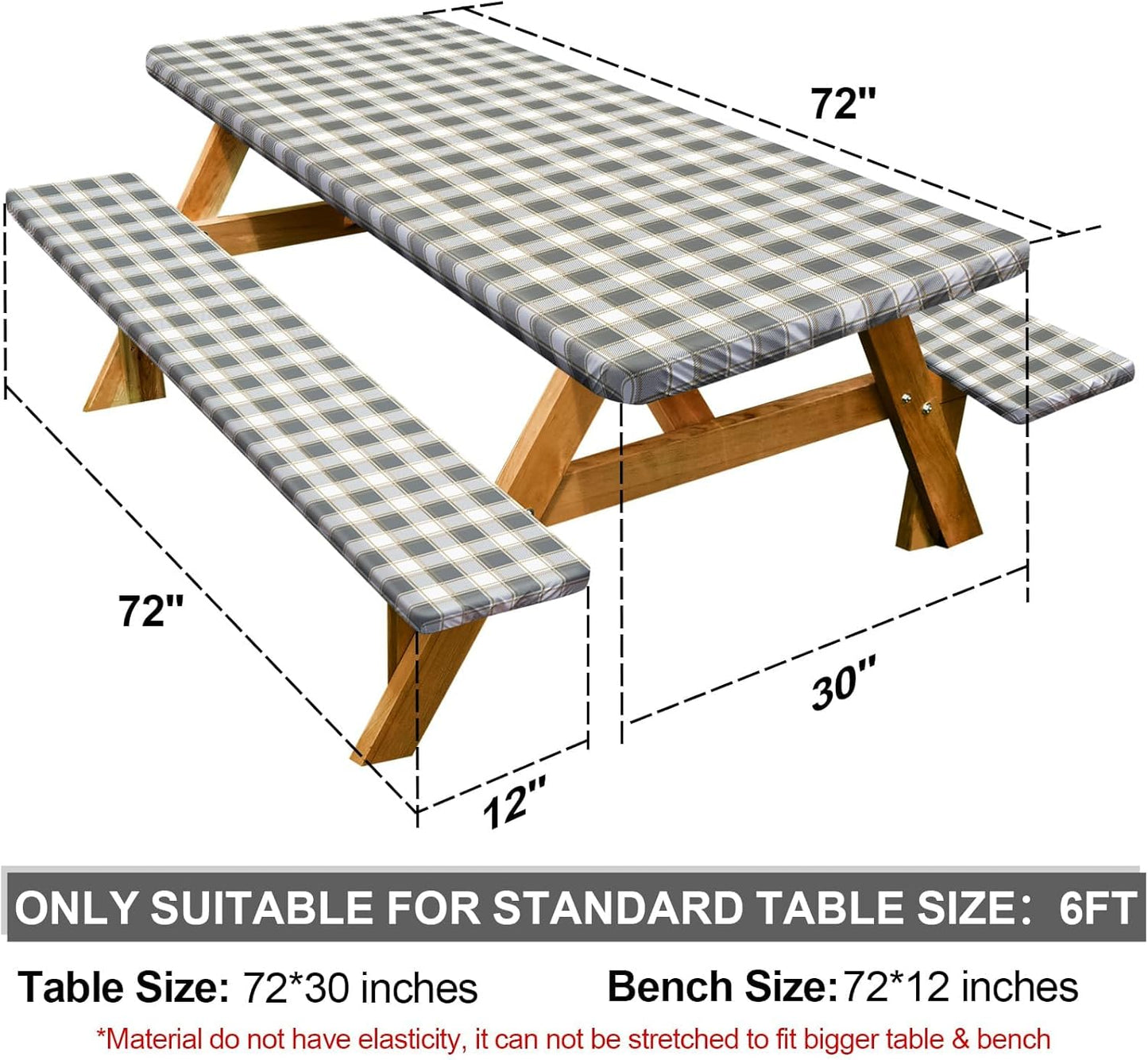 Picnic Table Cover - Waterproof & Windproof with Bench Covers | Fitted Rectangle 72in, Gray White