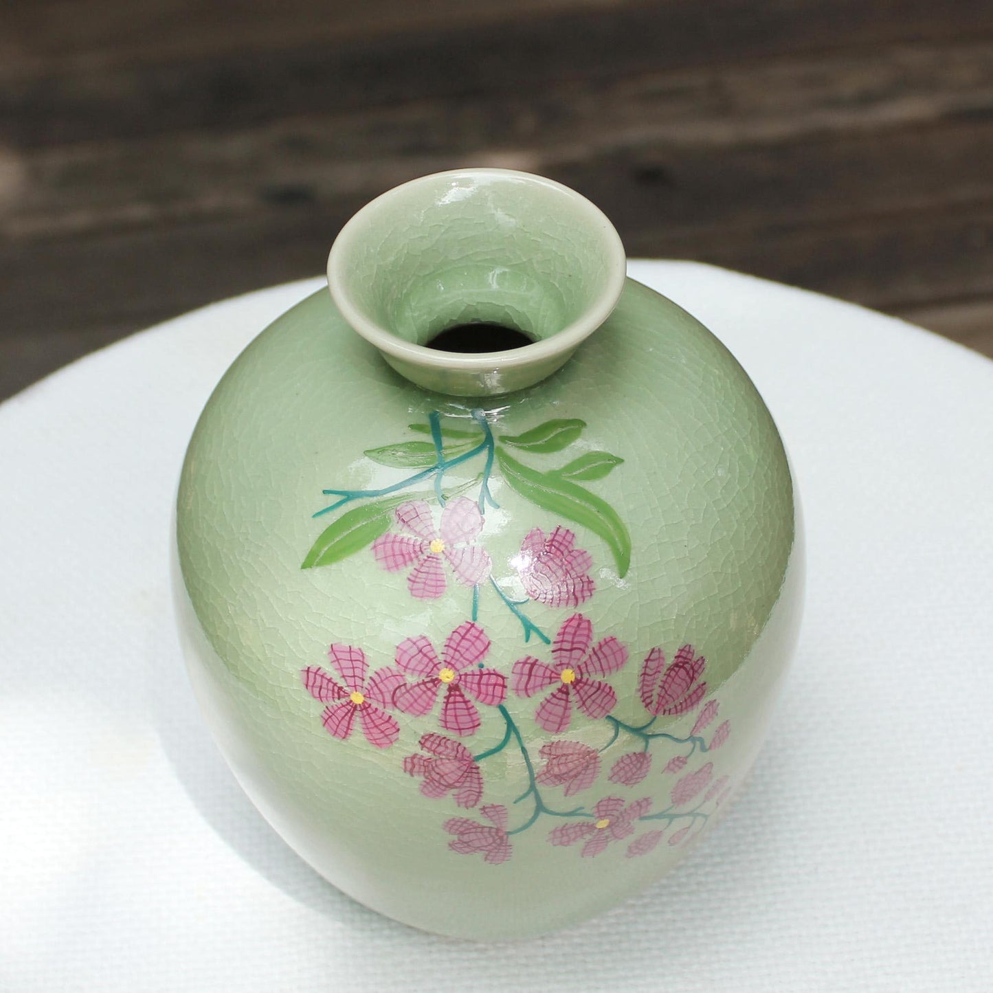 NOVICA Artisan Handcrafted Celadon Ceramic Vase Floral from Thailand Pink Vases [8.5in H x 6.5in Diam.] ' Round Garden'
