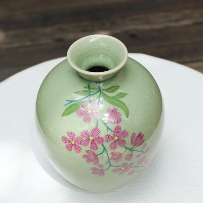 NOVICA Artisan Handcrafted Celadon Ceramic Vase Floral from Thailand Pink Vases [8.5in H x 6.5in Diam.] ' Round Garden'