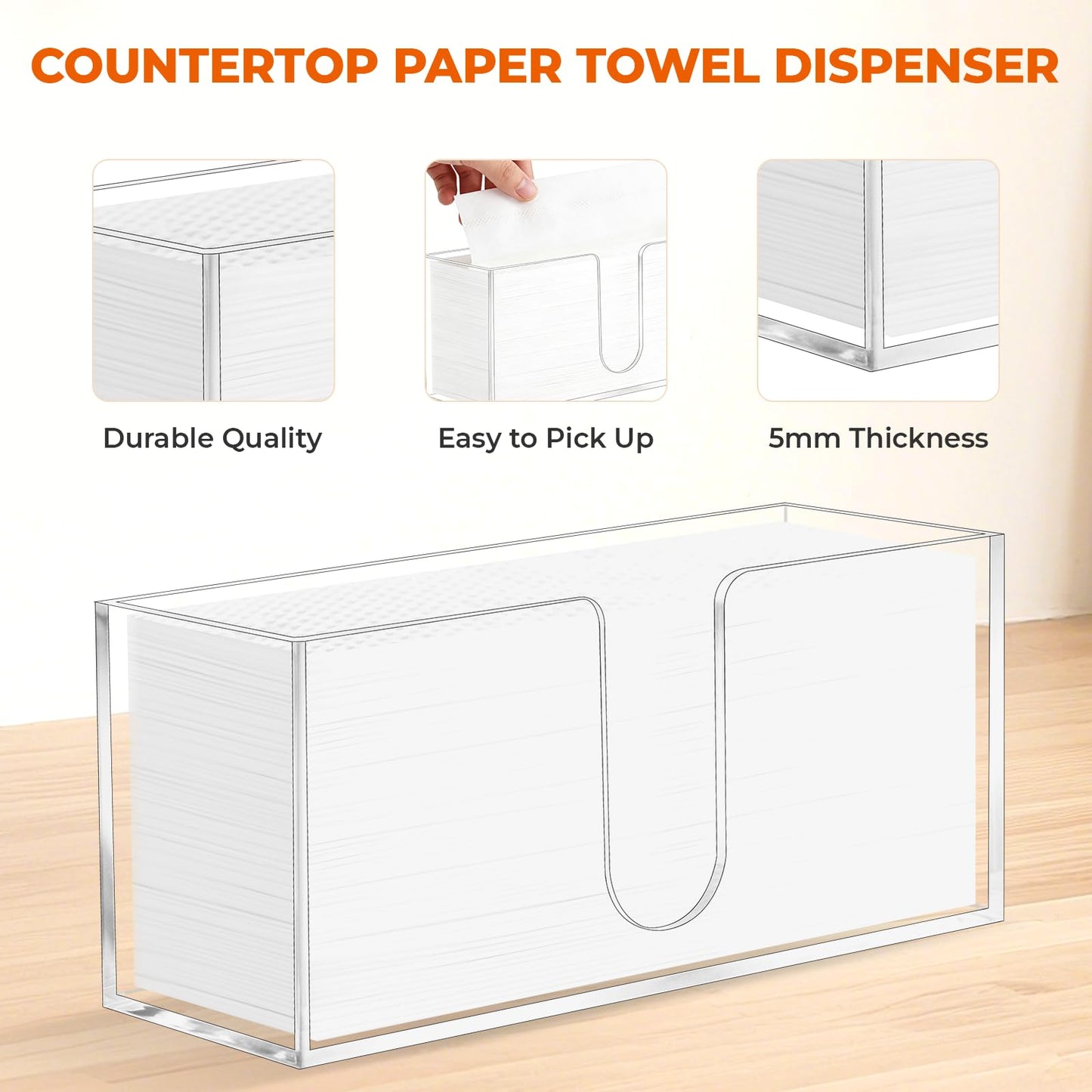 1PACK Paper Towel Holder, Countertop Paper Towel Dispenser Bathroom Paper Hand Towels Dispensers Clear Acrylic Napkin Holder Suitable for Z-fold, C-fold or MultiFold Trifold for Bathroom Kitchen