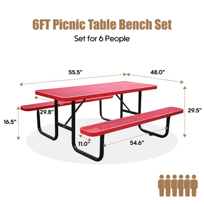 6FT Metal Picnic Tables for Outdoors, Commercial Rectangular Picnic Table and Bench Set for Outside, Patio, Garden, Backyard, Porch, Surface Mount, Red
