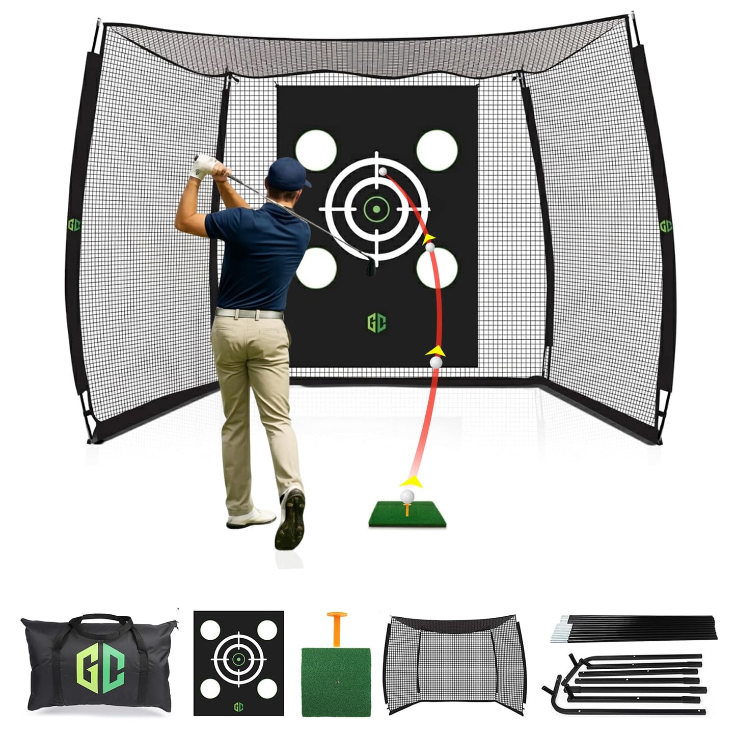 Heavy-Duty Golf Hitting Net 10x8x5.5 FT- Golf Practice Net with Silent Target Tarp, 4-Ply Net, Mat & Tee, Steel Tubes, Poles & Carry Bag - Golf Nets for Backyard, Indoor, Outdoor & Garage