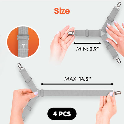 5 STARS UNITED Bed Sheet Straps Set | Adjustable Elastic Fasteners with Metal Clips | Easy to Use Sheet Holders for