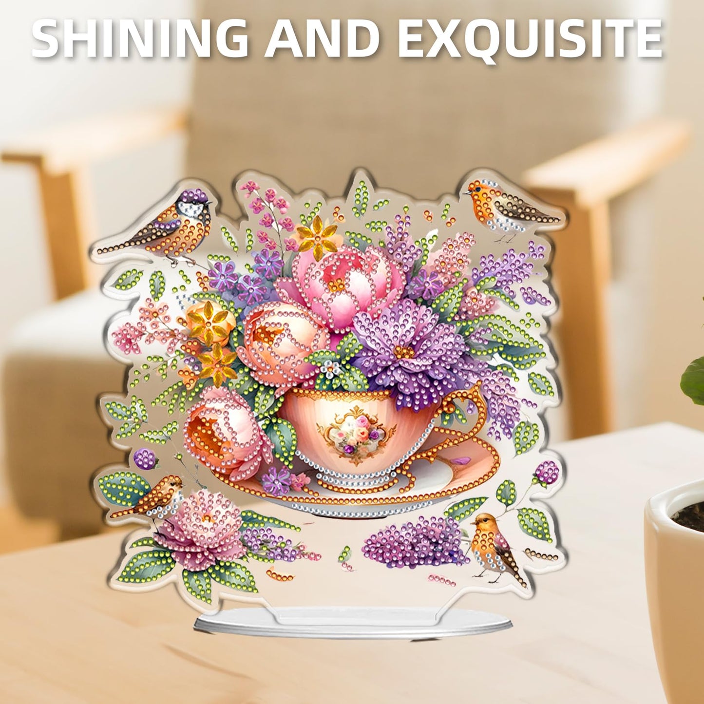C'eitura 2D Flat Acrylic Diamond Art Painting Kit, Flower in Cup Special Shaped Diamond Art for Desk Decor, DIY Desktop Ornament for Adults & Beginners, Cute Home Office Decoration 24x22cm